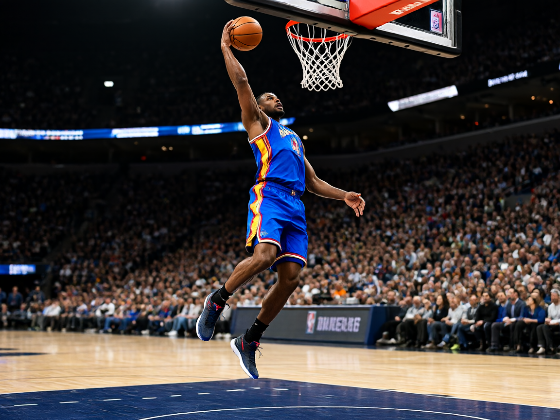 NBA篮球比赛现场，球员在球场上飞身扣篮，观众席座无虚席