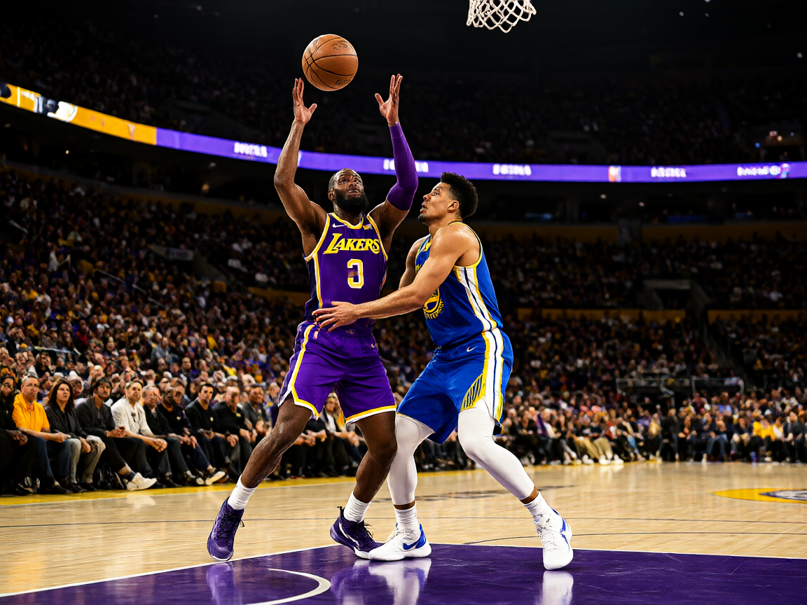 NBA常规赛比赛现场，球员在球场上激烈对抗，场馆内座无虚席，灯光聚焦在球场中央